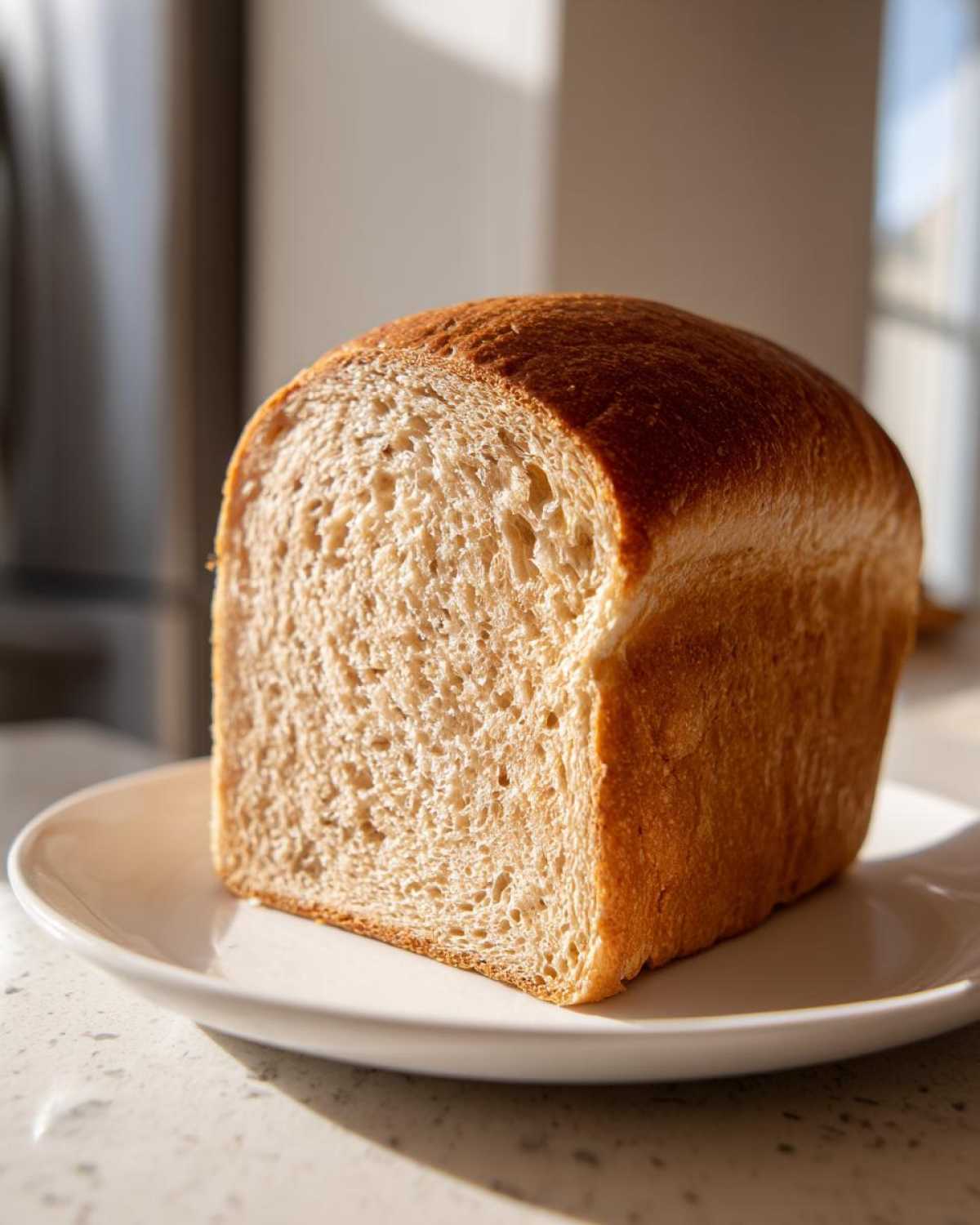 A freshly baked loaf of sourdough sandwich bread, sliced to show the soft interior crumb, sitting on a white plate.