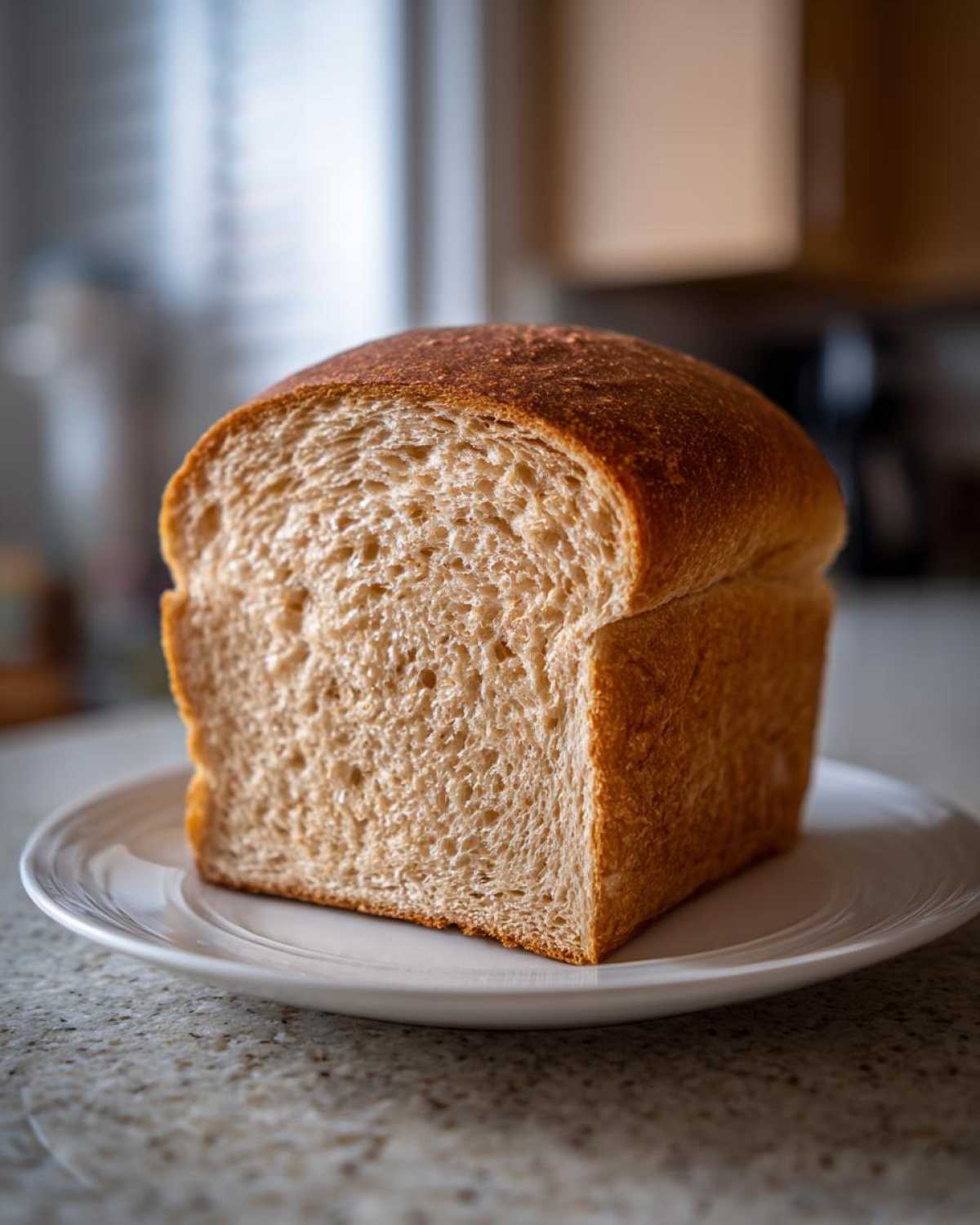 A perfectly baked loaf of sourdough sandwich bread, sliced to show the soft, even crumb structure.