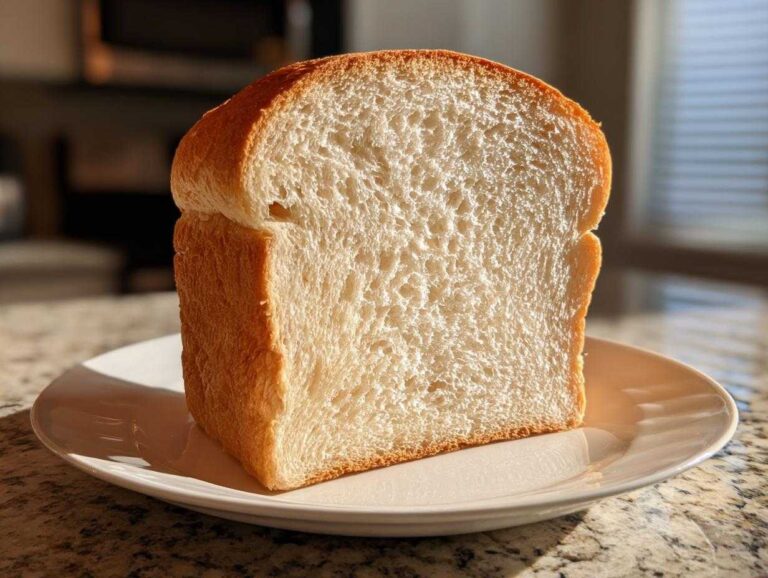 A thick, freshly baked slice of soft sourdough sandwich bread standing upright on a white plate.