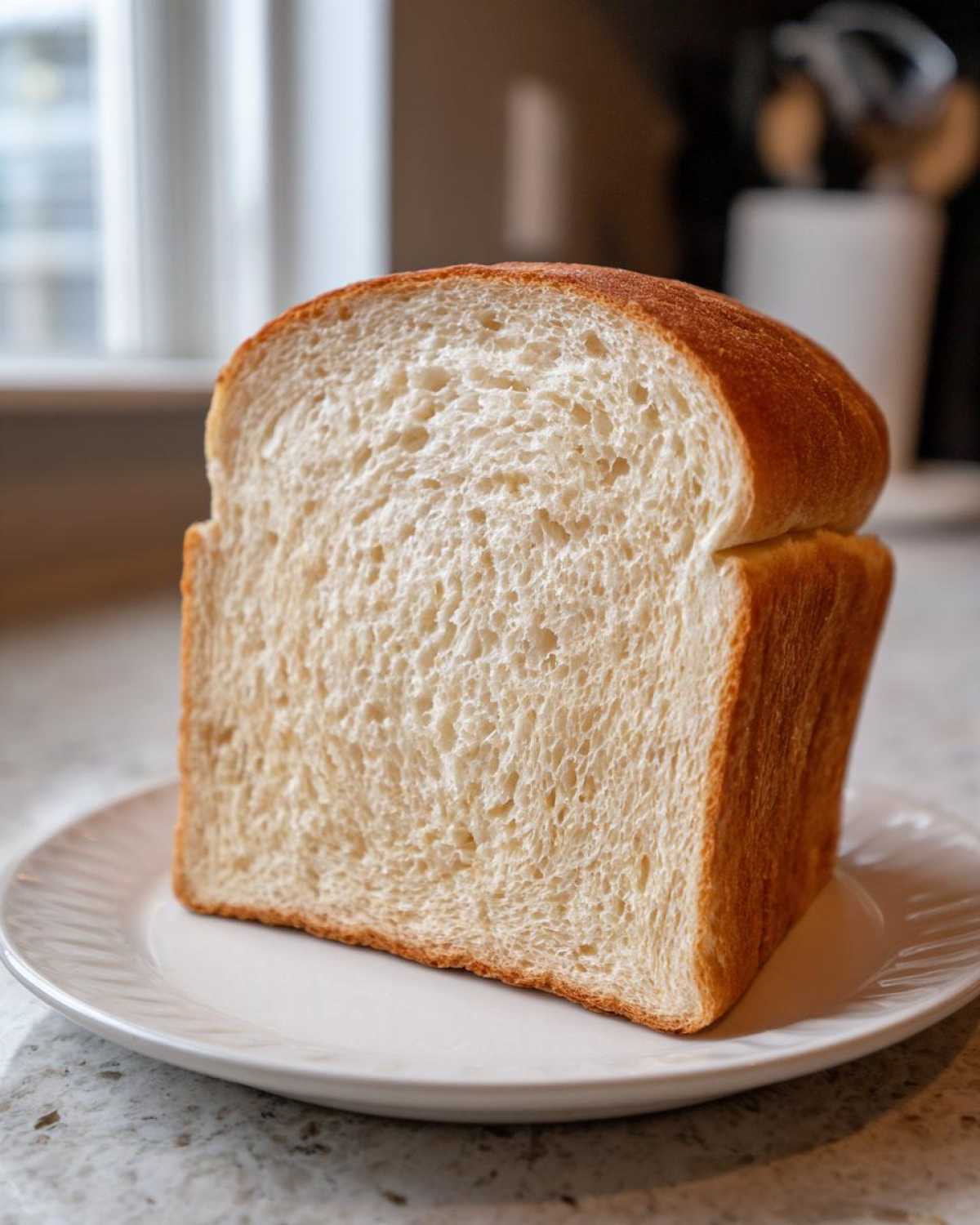 A tall, perfectly baked slice of soft sourdough sandwich bread standing upright on a white plate.