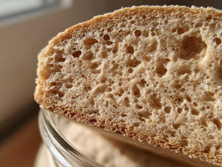 Macro shot showing the airy, bubbly interior crumb structure of bread made with a sourdough starter.