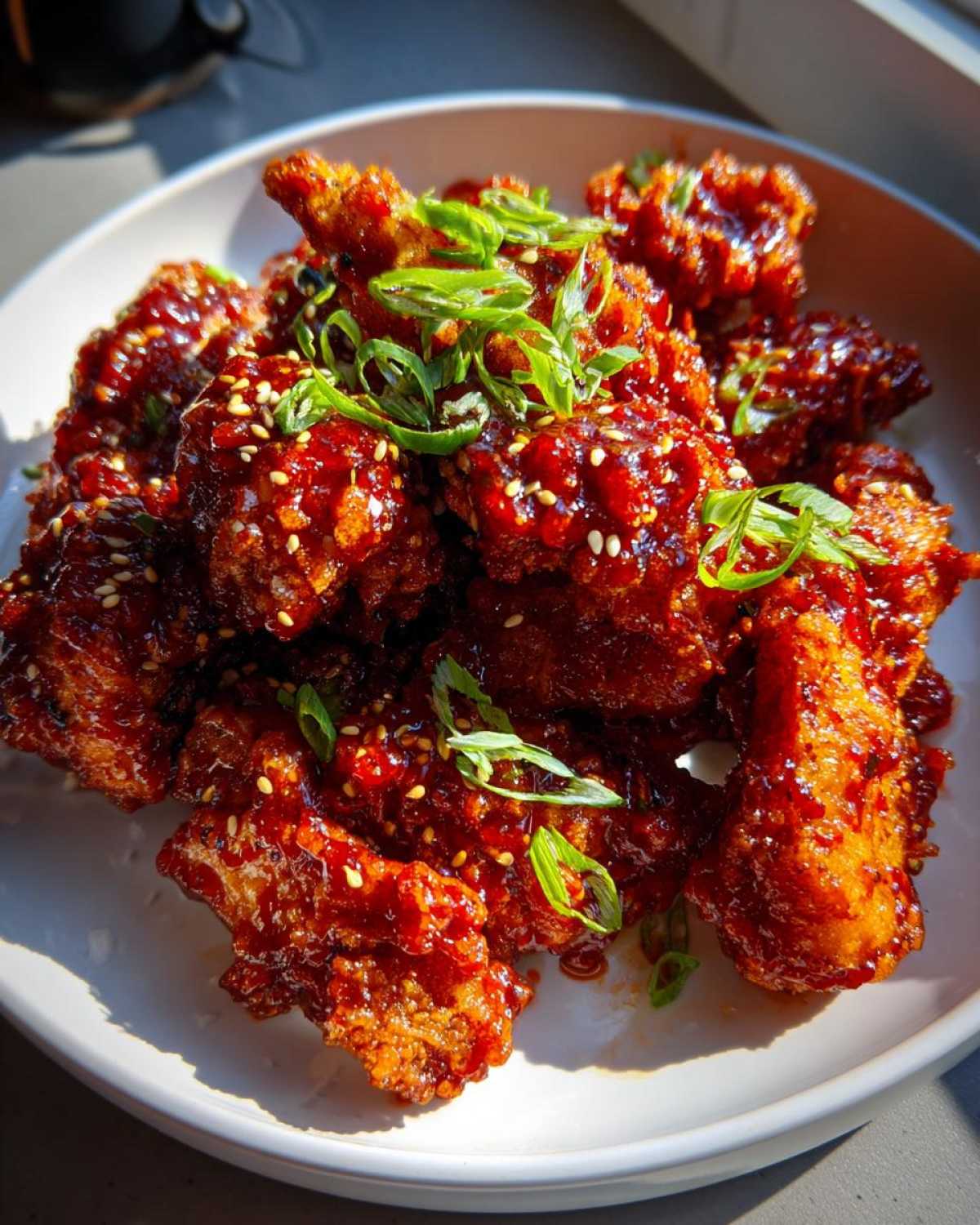 A plate piled high with glossy, deep red korean fried chicken pieces, garnished with sesame seeds and sliced green onions.