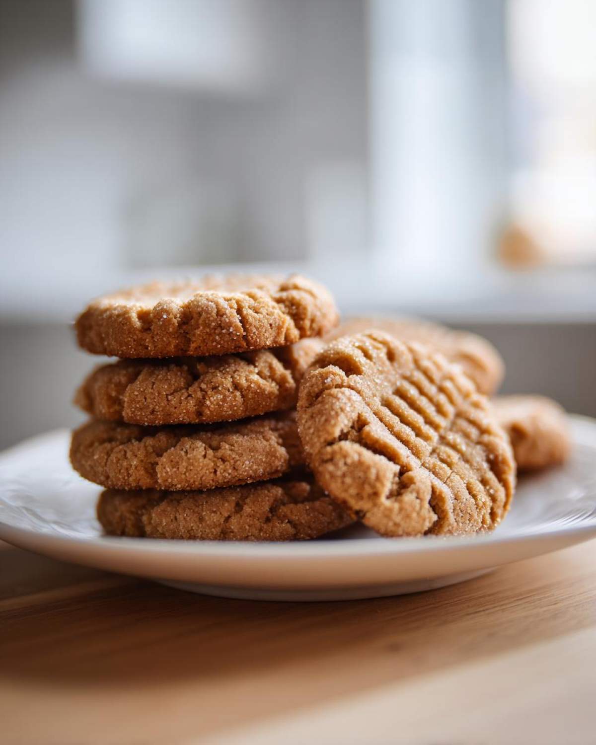 A stack of golden brown 3-ingredient butter cookies, one featuring fork tines marks, resting on a white plate.