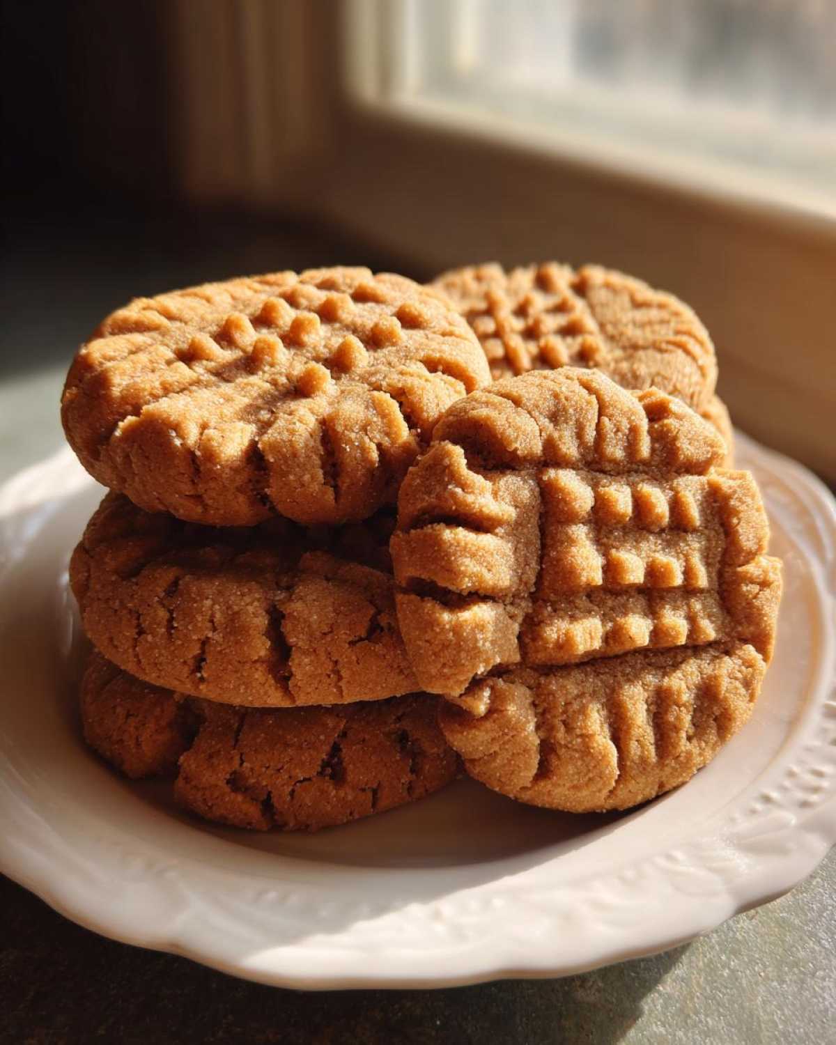 A close-up stack of freshly baked peanut butter cookies showing the classic crisscross fork marks on a white plate.