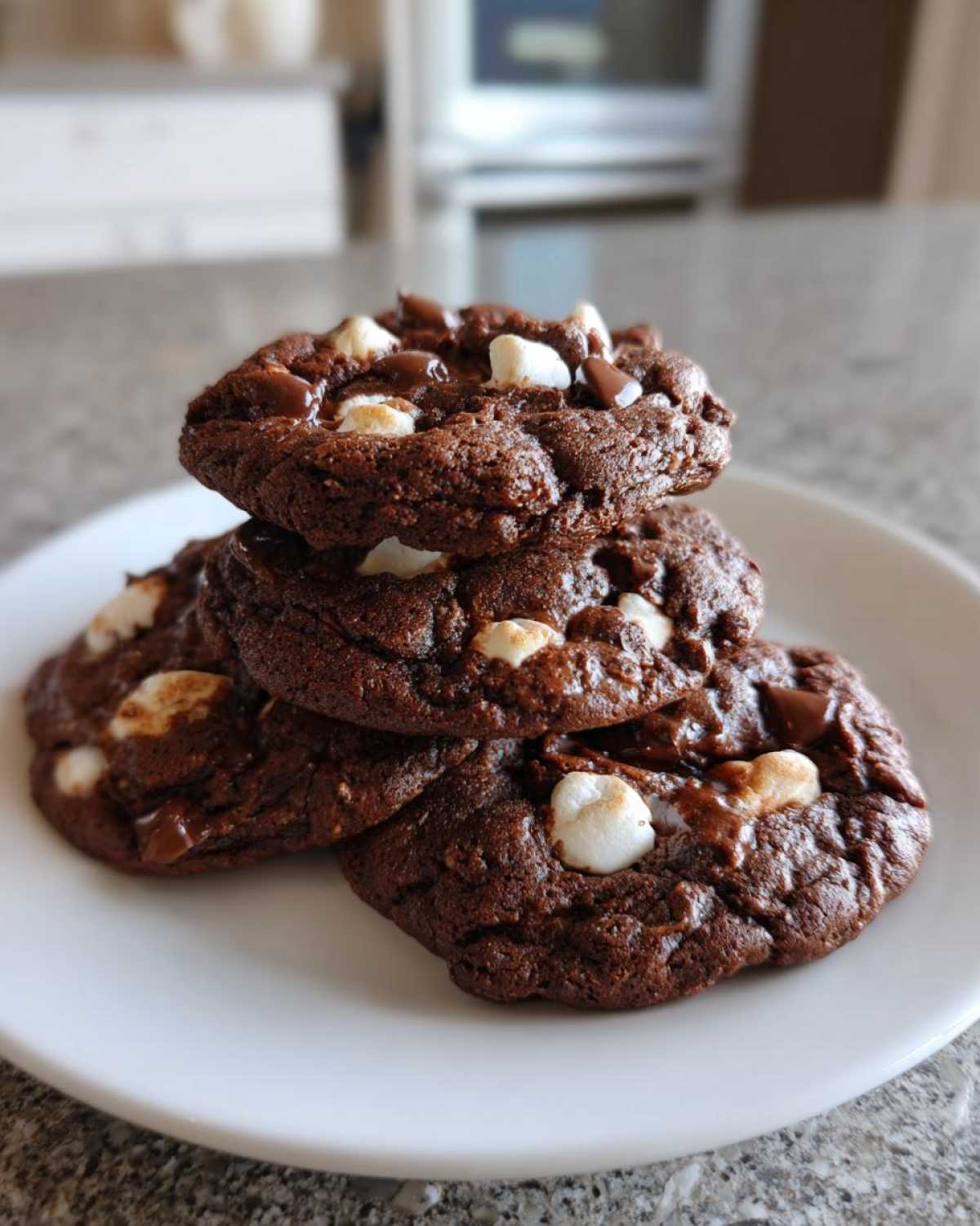A stack of four rich, dark chocolate hot chocolate cookies topped with melted chocolate chips and mini marshmallows.