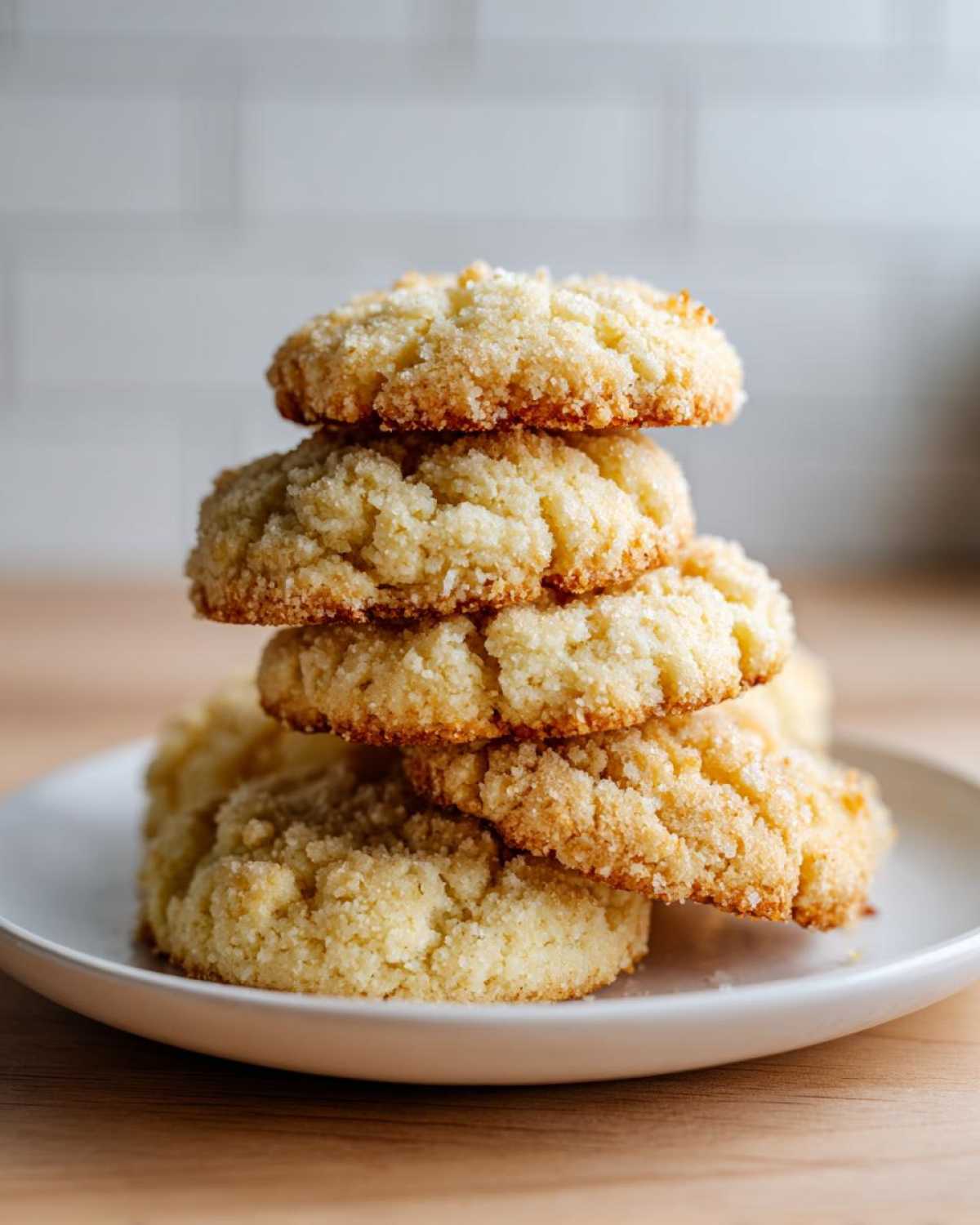 A stack of four golden brown 3-ingredient butter cookies with a crumbly texture, served on a white plate.