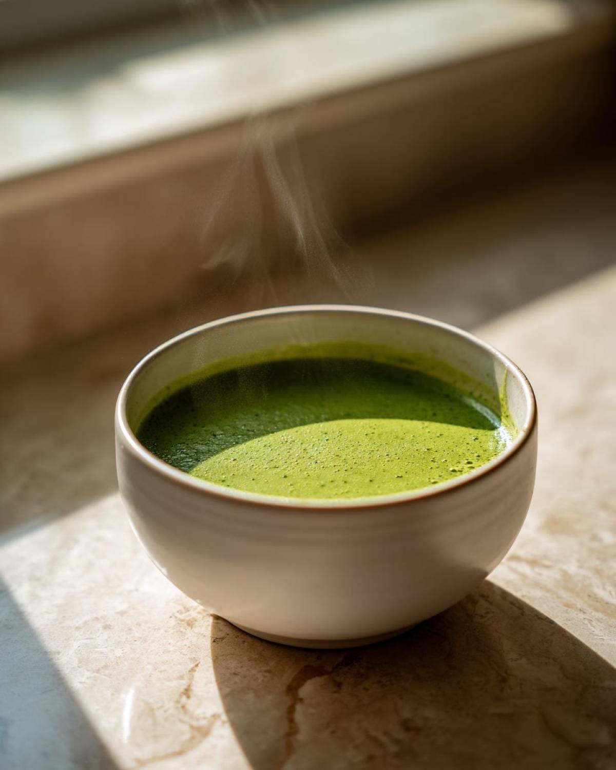 A steaming bowl of vibrant green zucchini soup sitting on a marble surface in natural light.