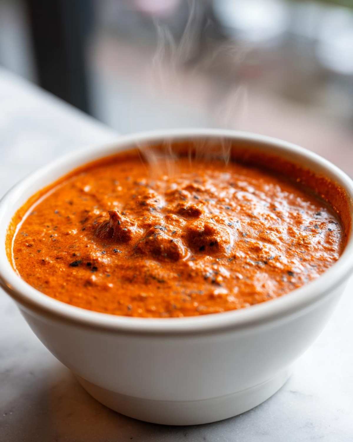 Close-up of a steaming hot, vibrant orange chili cheese dip served in a white bowl on a marble surface.