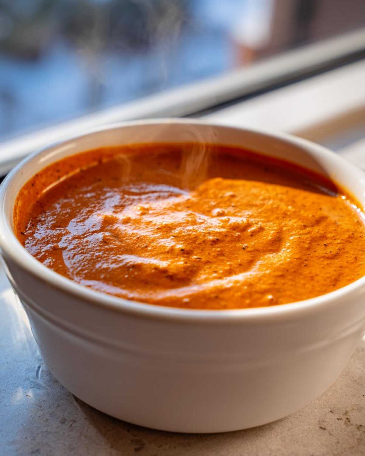 Close-up of hot, steaming chili cheese dip with a rich orange color served in a white bowl.