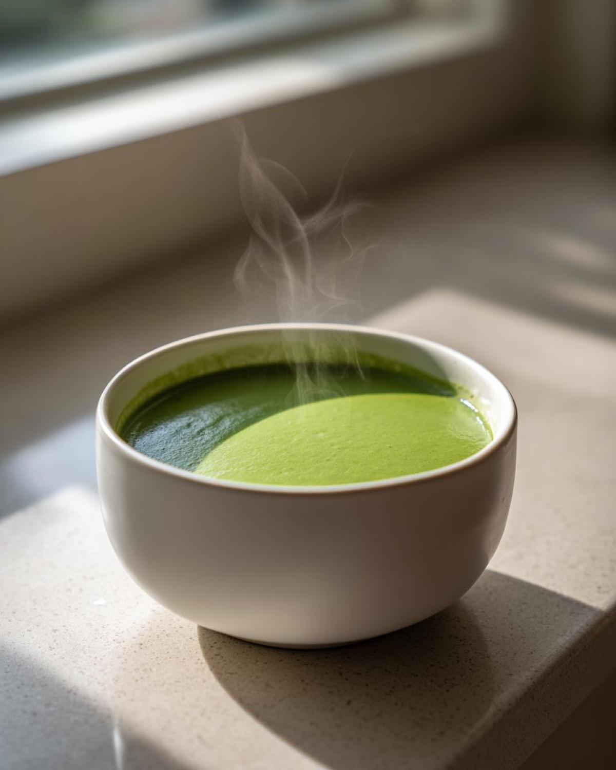A white bowl filled with vibrant, steaming green zucchini soup, set near a window with natural light.