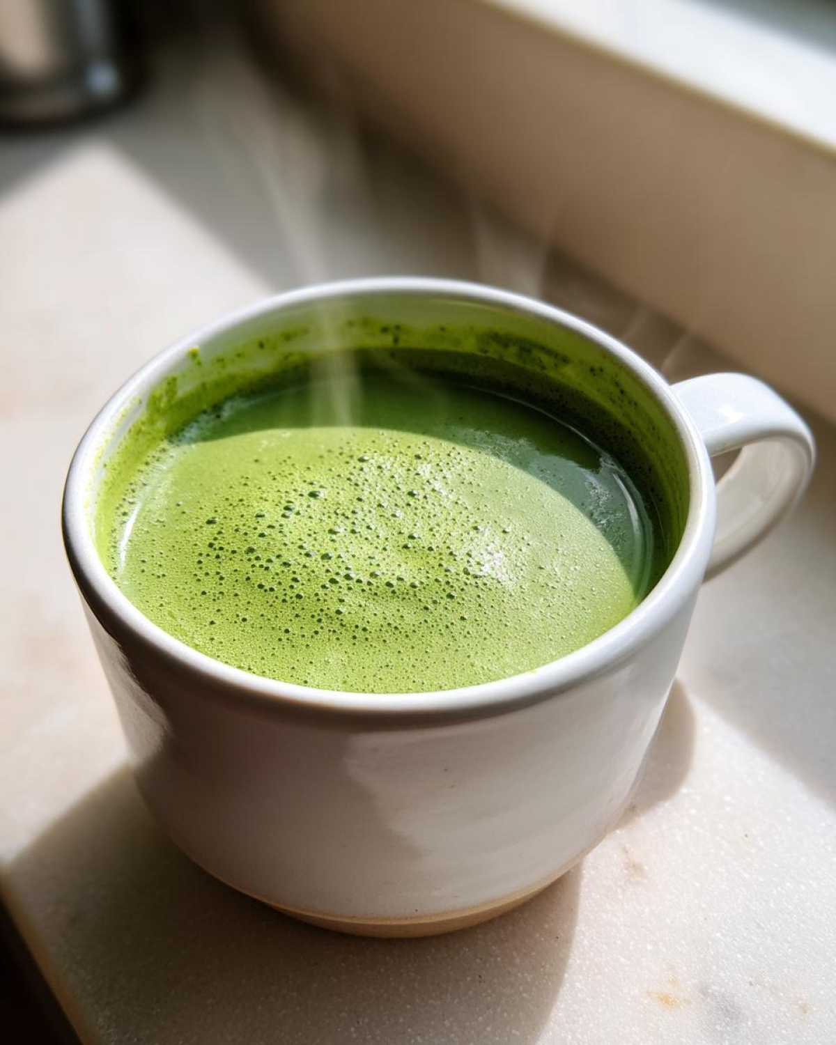 Close-up of a steaming, vibrant green beverage, likely matcha, in a white ceramic mug.