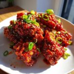 Close-up of crispy korean fried chicken pieces coated in a glossy red sauce, topped with sesame seeds and green onions.