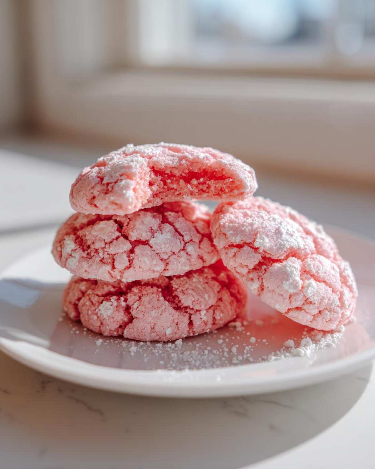 A stack of bright pink, crinkle-topped strawberry cake mix cookies dusted with powdered sugar.