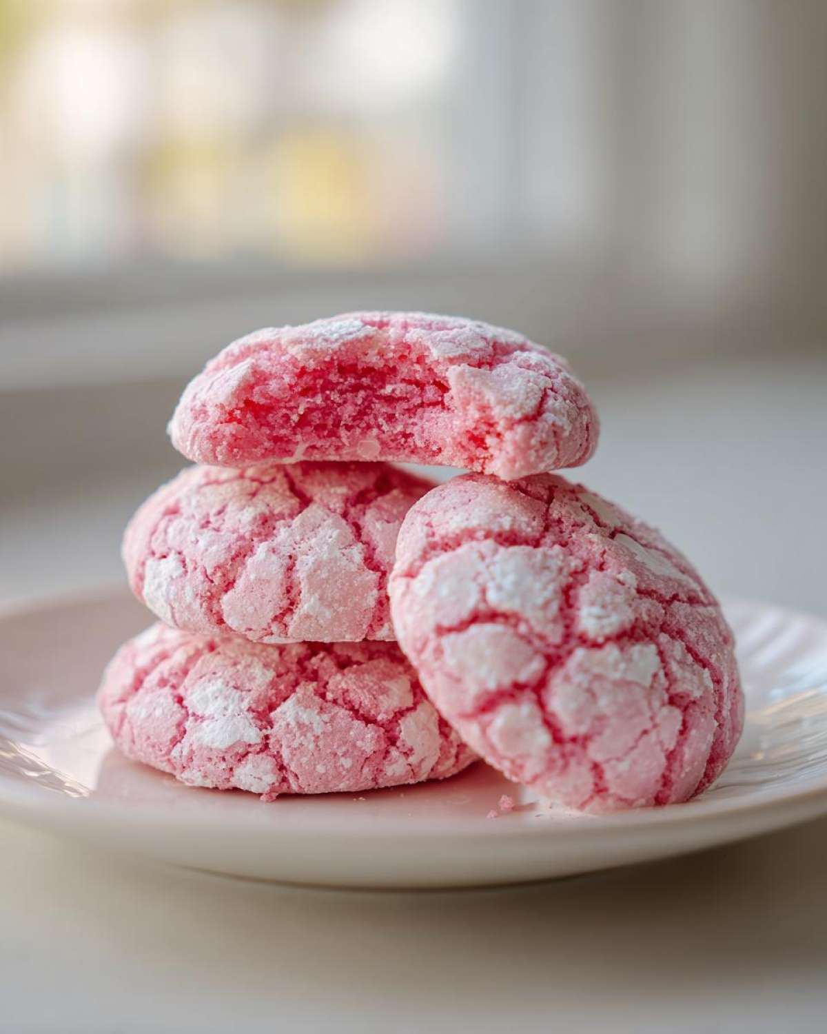 A stack of four pink, crinkle-topped strawberry cake mix cookies dusted with powdered sugar, one bitten into.