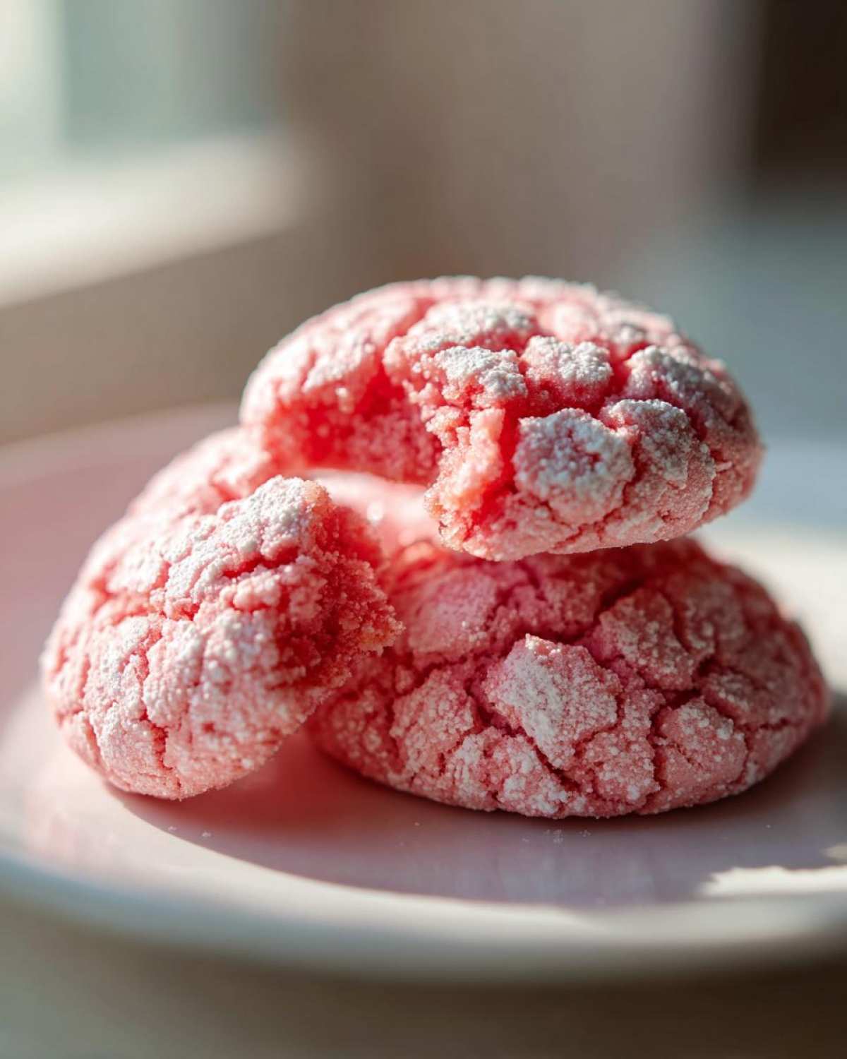 Close-up of three pink, crinkle-topped strawberry cake mix cookies dusted with powdered sugar.