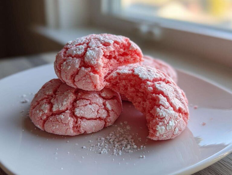 Three bright pink strawberry cake mix cookies dusted with powdered sugar on a white plate.