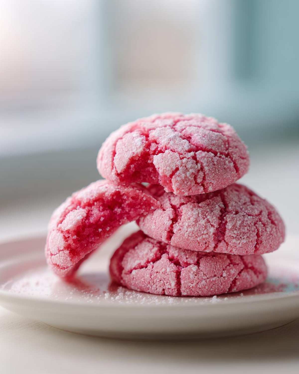 A stack of three bright pink, crinkle-topped strawberry cake mix cookies dusted with powdered sugar on a light plate.