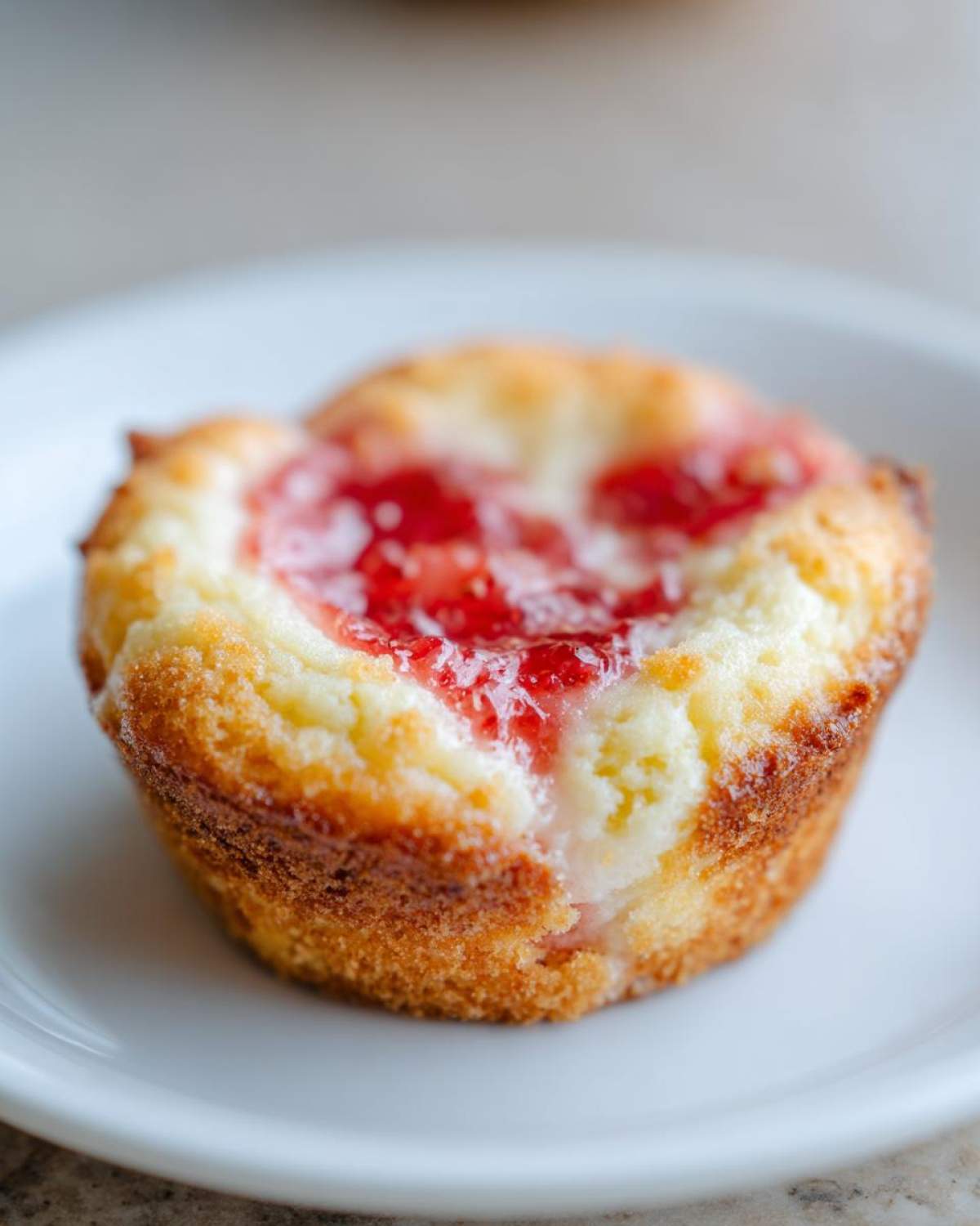 A single, golden-brown strawberry cheesecake cookie with a bright red strawberry jam swirl on top, resting on a white plate.