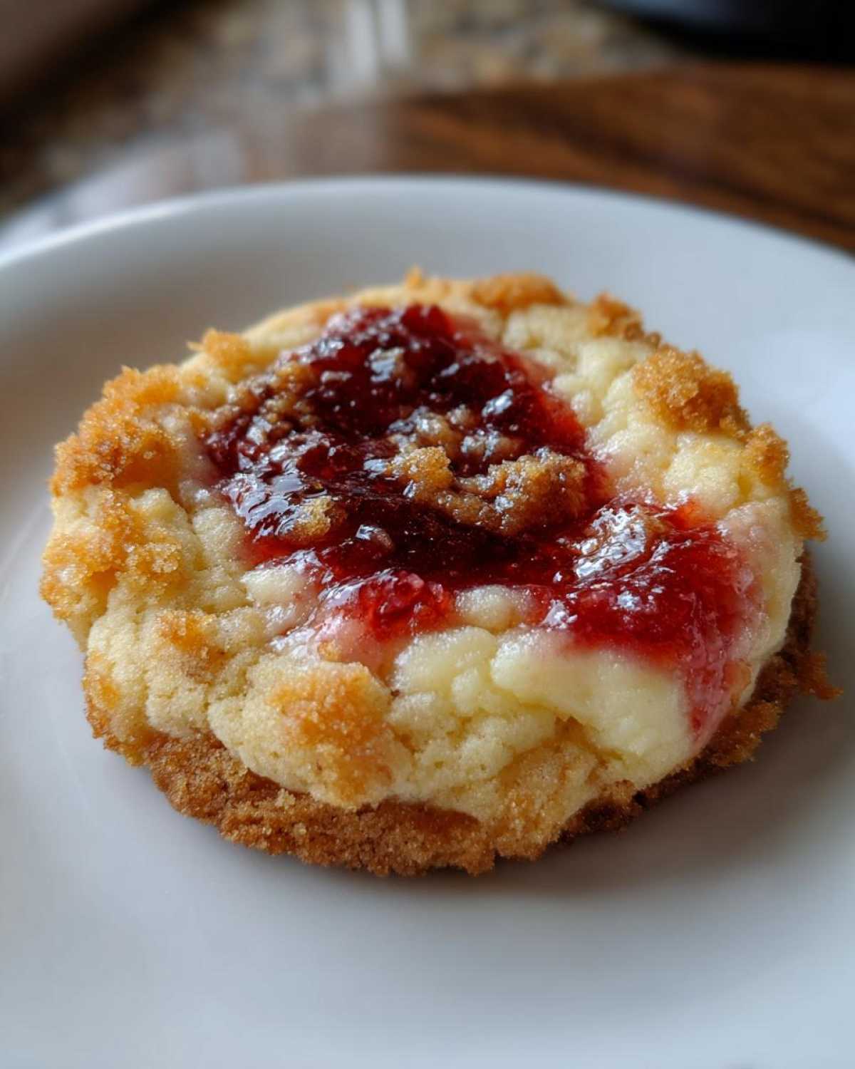 A single, freshly baked strawberry cheesecake cookie with a creamy center and bright red strawberry jam topping.