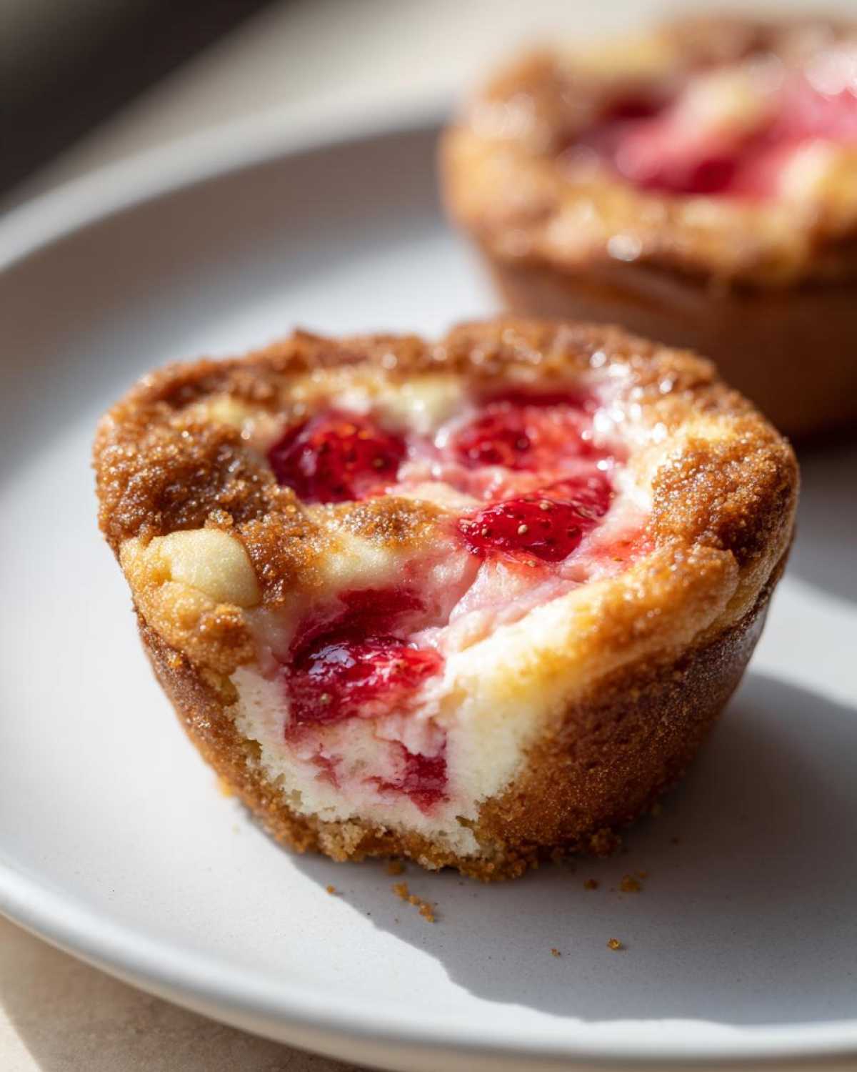 Close-up of a strawberry cheesecake cookies cup with a bite taken, showing creamy filling and strawberry topping.
