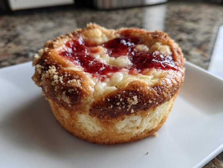 Close-up of a single, freshly baked strawberry cheesecake cookie with a golden-brown crumb topping and bright red strawberry jam center.