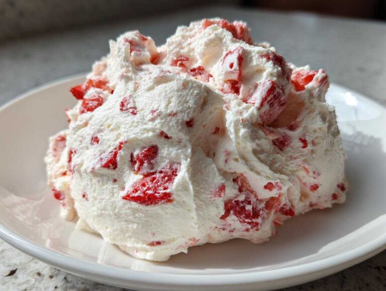 A close-up of a generous scoop of creamy strawberry cheesecake dip mixed with visible chunks of red strawberries.