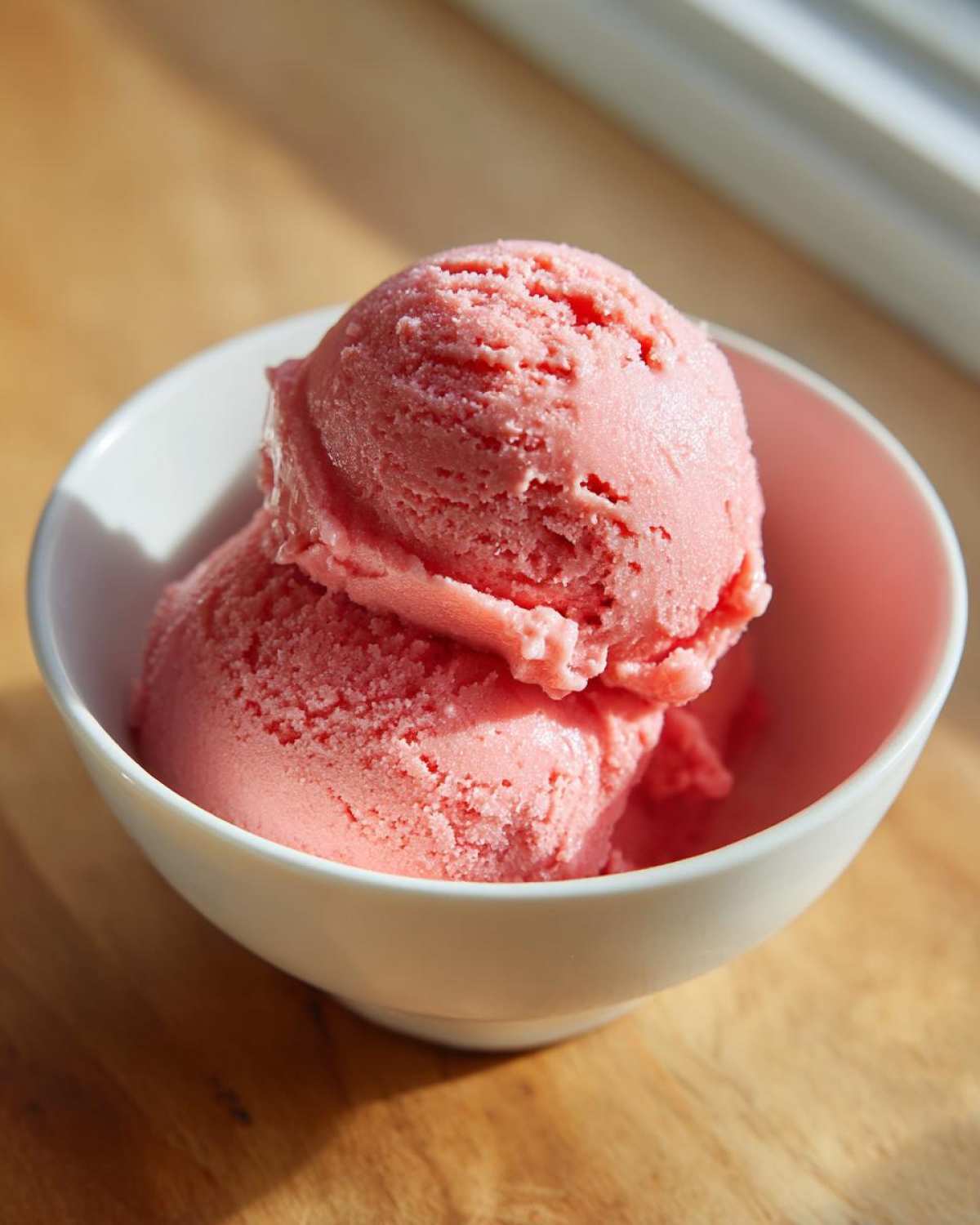 Two scoops of bright pink strawberry ice cream served in a small white bowl on a wooden surface.