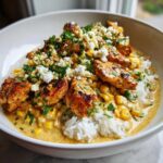 Close-up of a street corn chicken rice bowl with creamy sauce, crumbled cheese, and fresh parsley.
