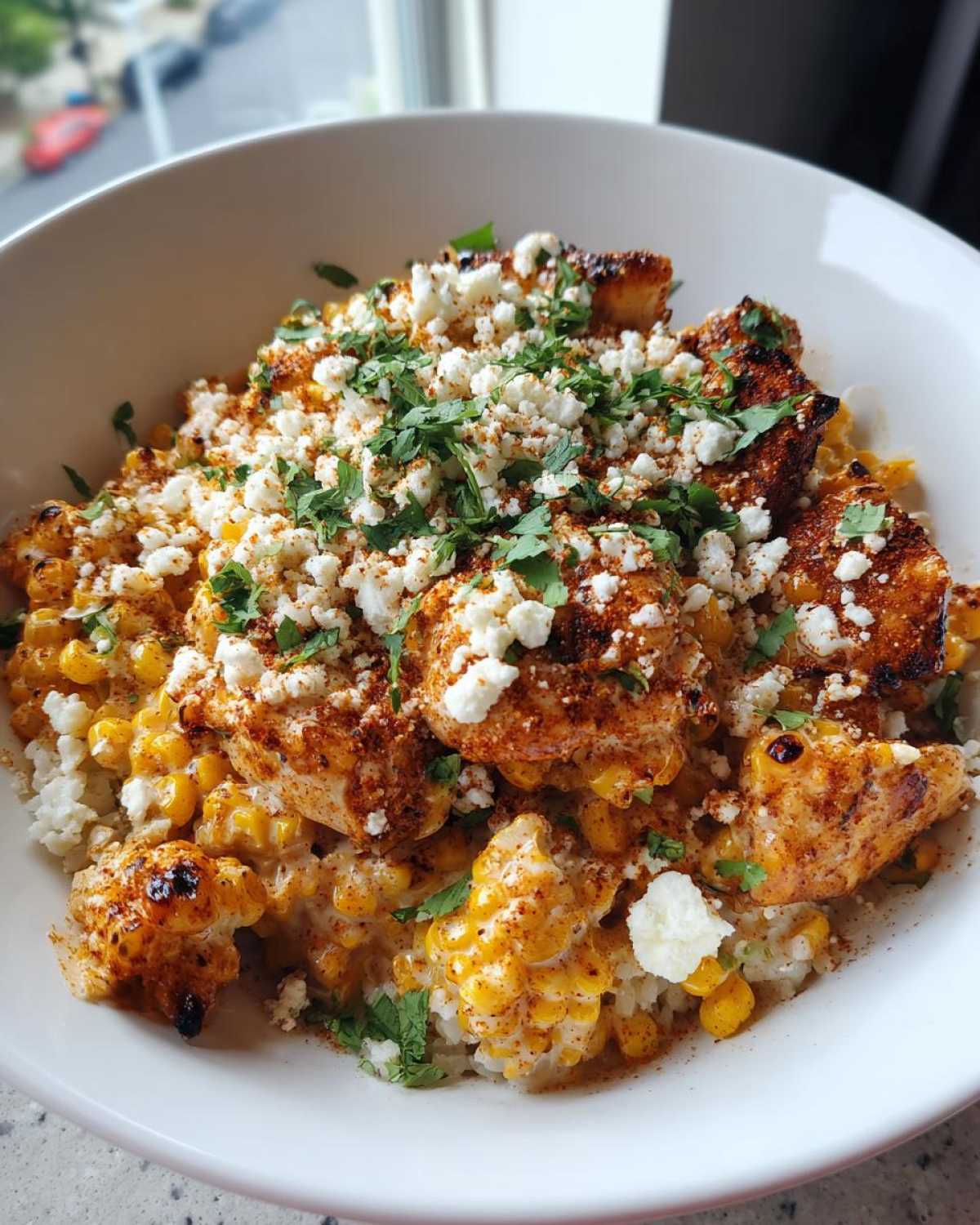 Close-up of a street corn chicken rice bowl featuring seasoned chicken, creamy corn, cotija cheese, and cilantro.