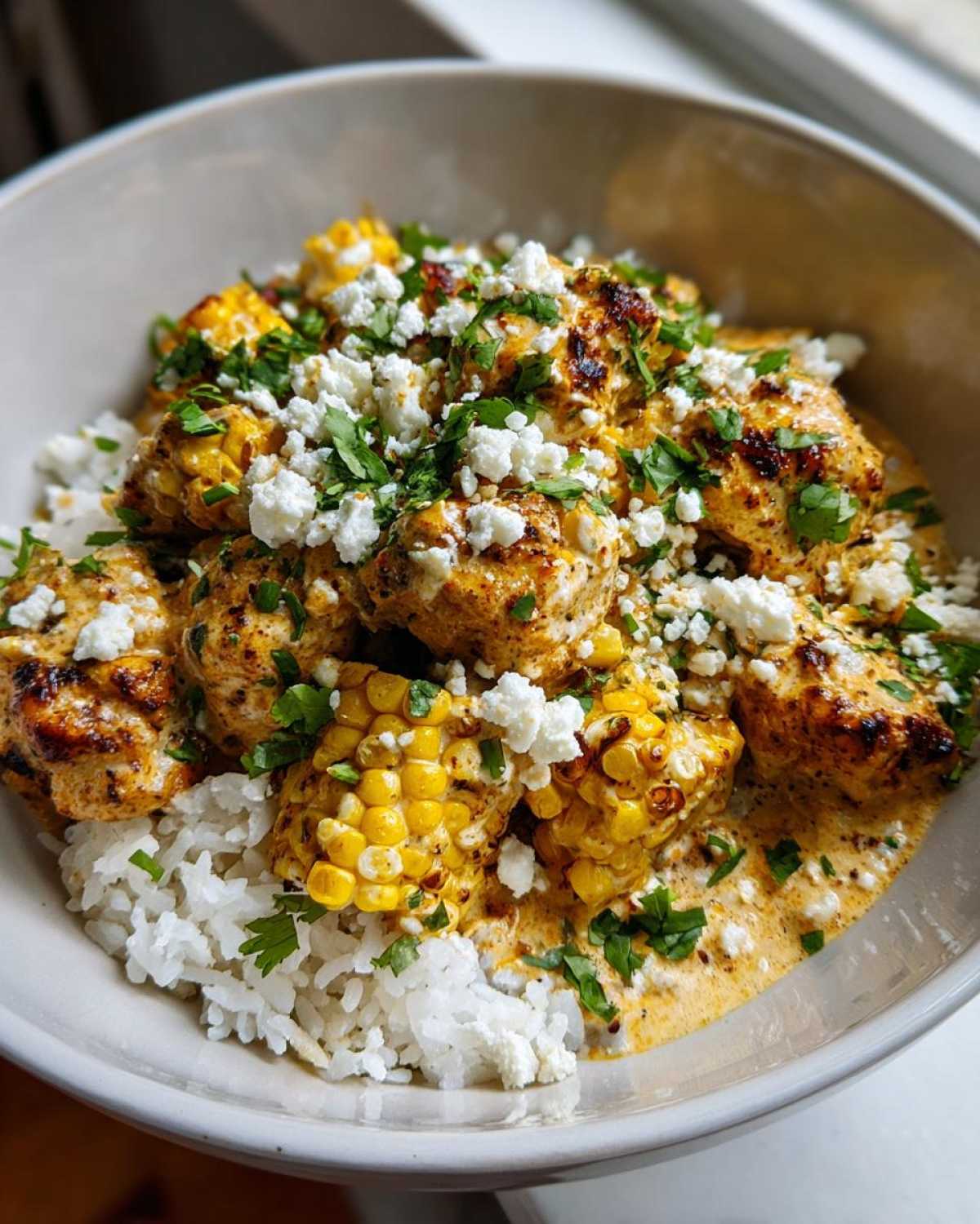 Close-up of a street corn chicken rice bowl topped with cotija cheese and cilantro.