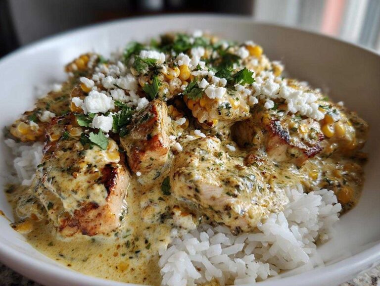 Close-up of a creamy street corn chicken rice bowl topped with cotija cheese and cilantro.