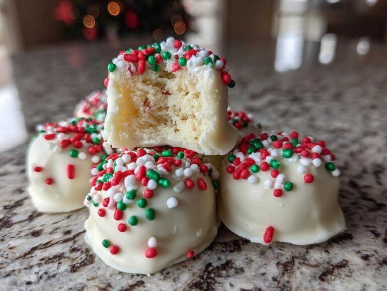 A stack of white chocolate coated sugar cookie truffles topped with red, green, and white sprinkles, one cut open.