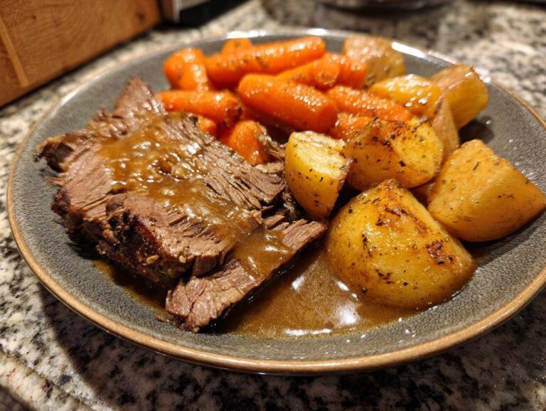Close-up of a plate featuring tender pot roast covered in rich brown gravy alongside roasted potatoes and glazed carrots.