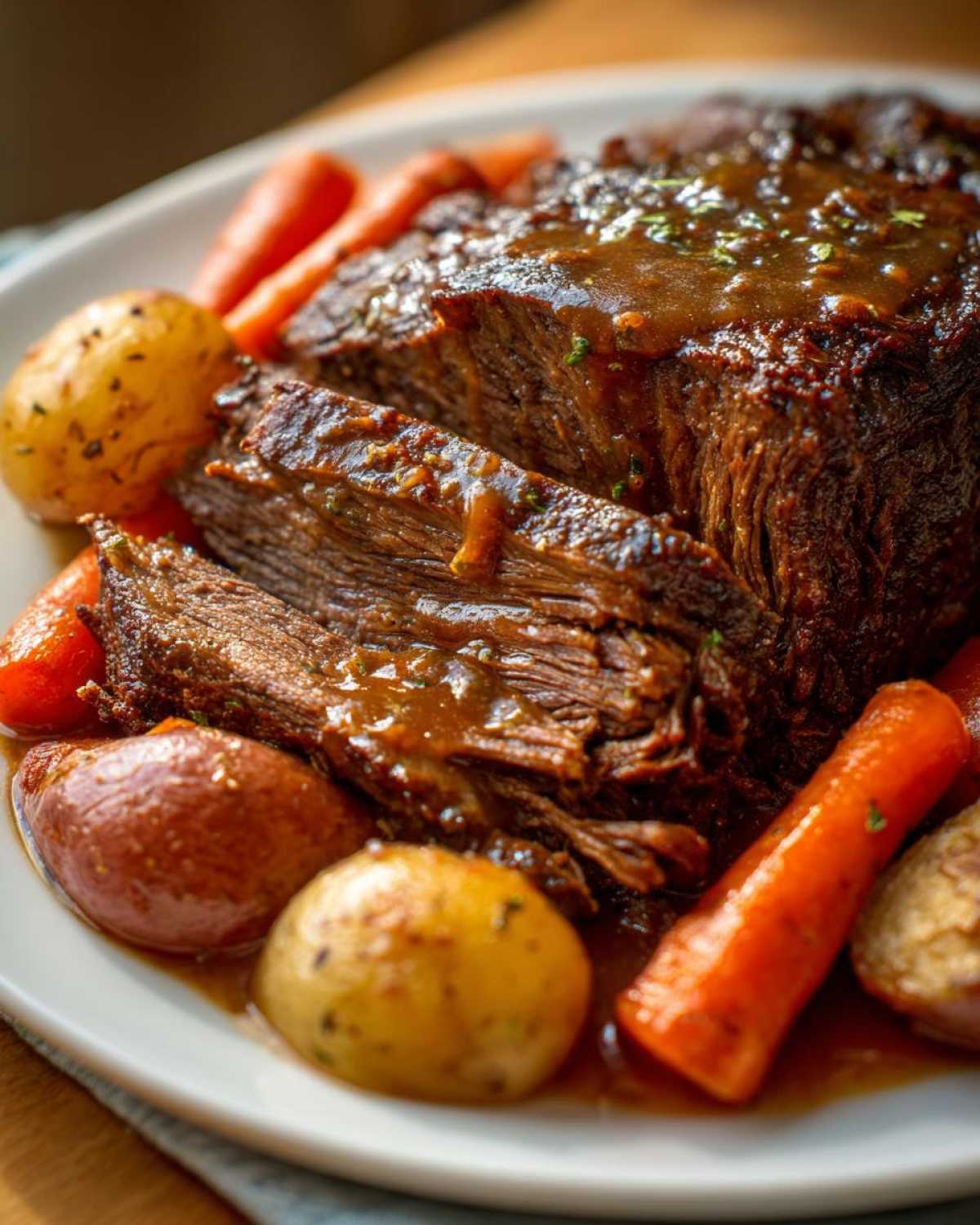 Close-up of a perfectly cooked, sliced pot roast covered in rich brown gravy, served with roasted carrots and potatoes.