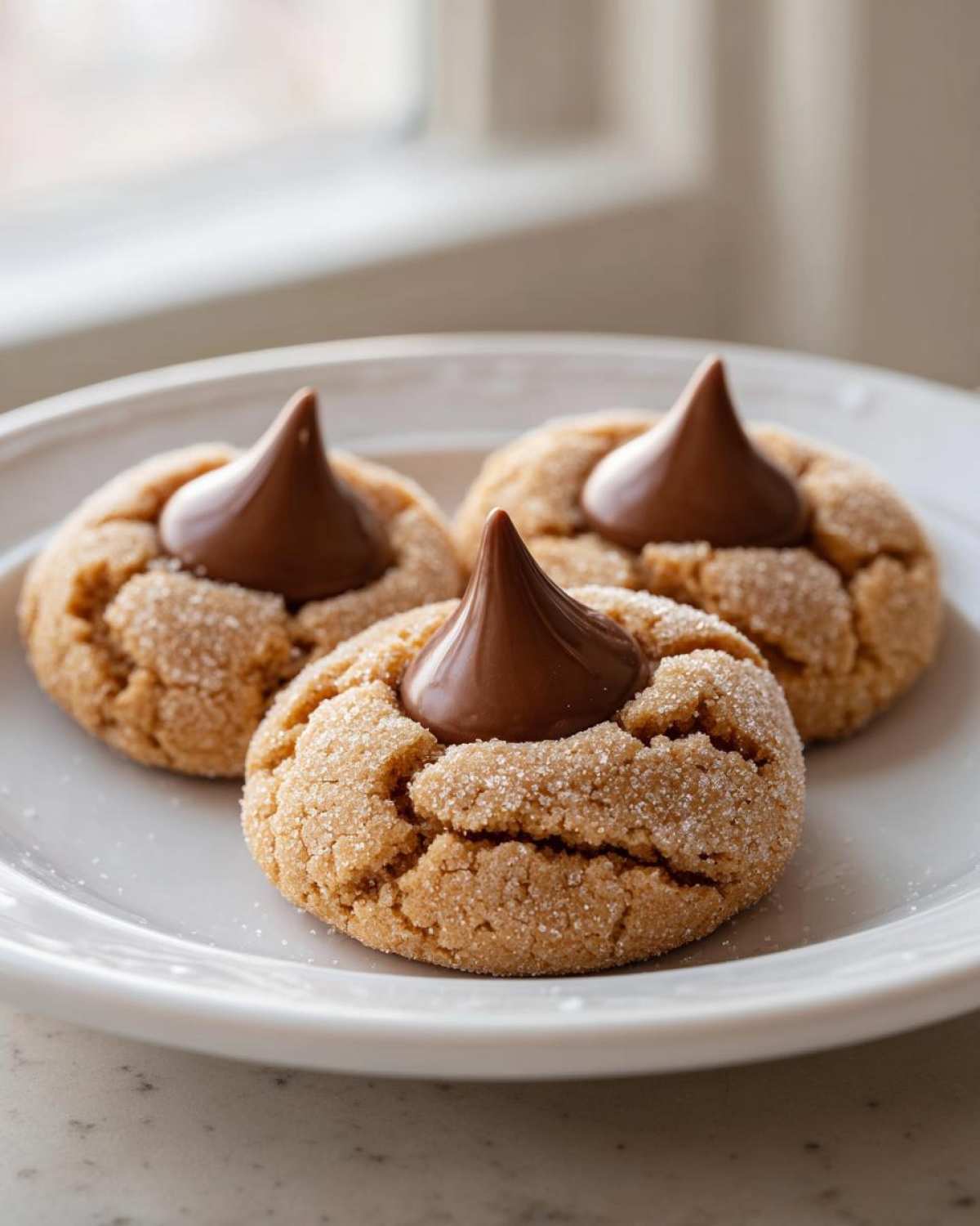 Three classic kiss cookies, rolled in sugar and topped with a chocolate kiss, sitting on a white plate.