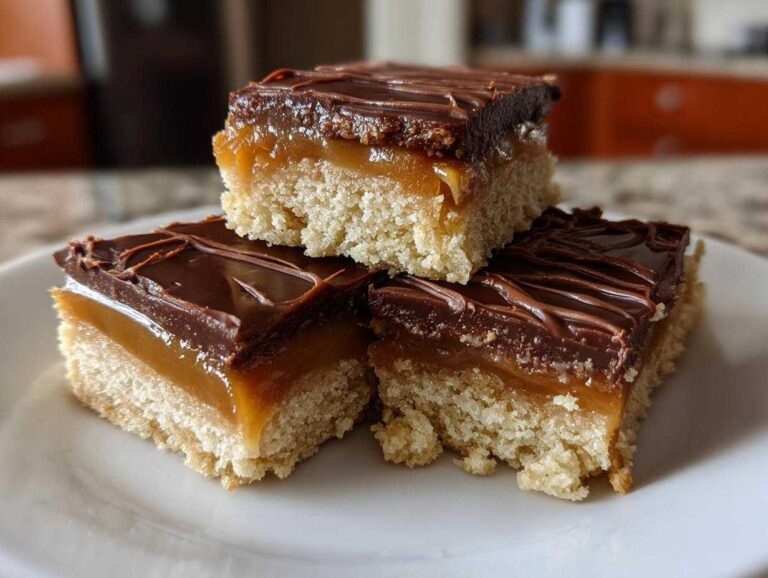 Three stacked square twix cookies bars featuring shortbread, caramel, and chocolate topping.