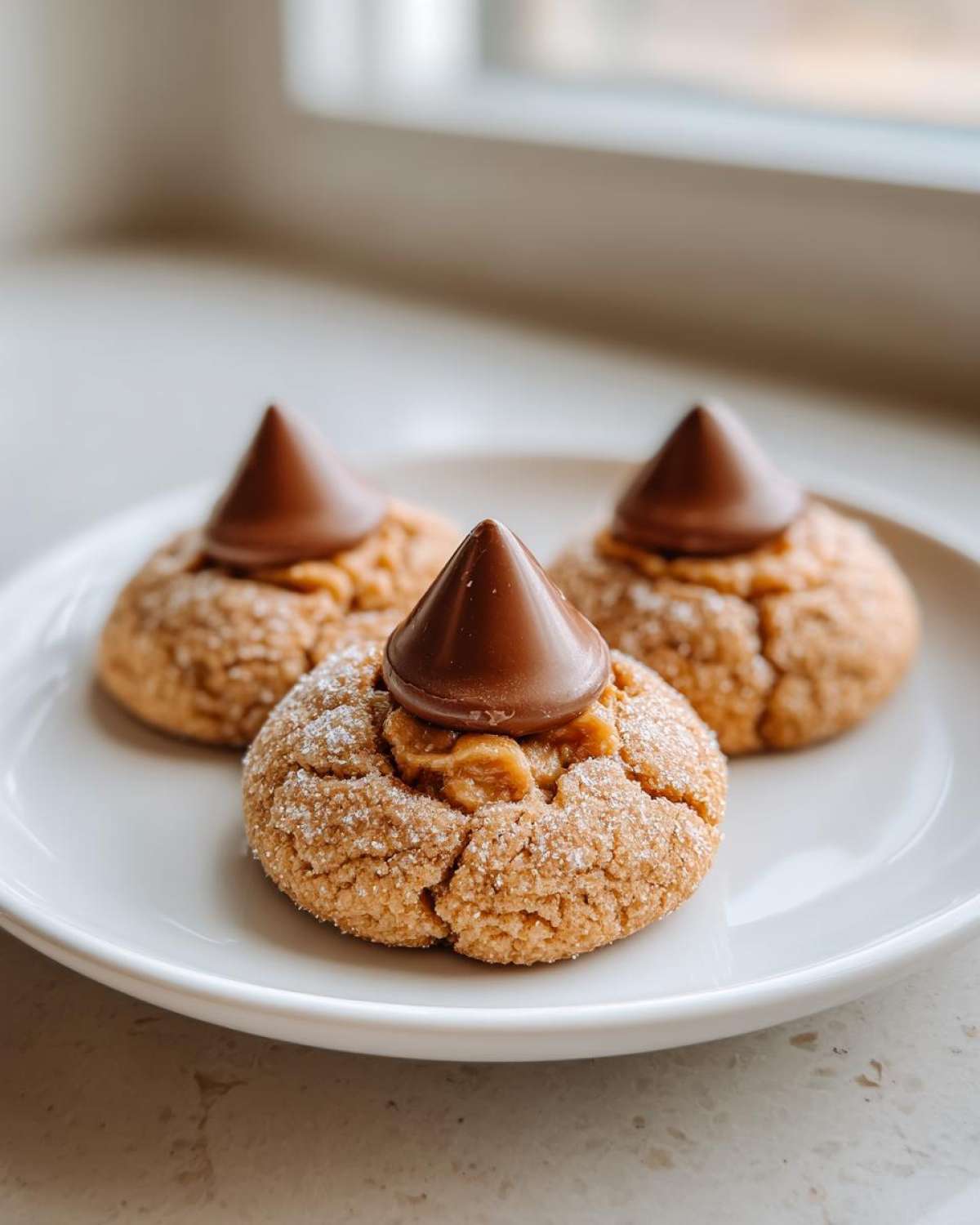 Three freshly baked peanut butter kiss cookies, rolled in sugar and topped with a chocolate kiss.