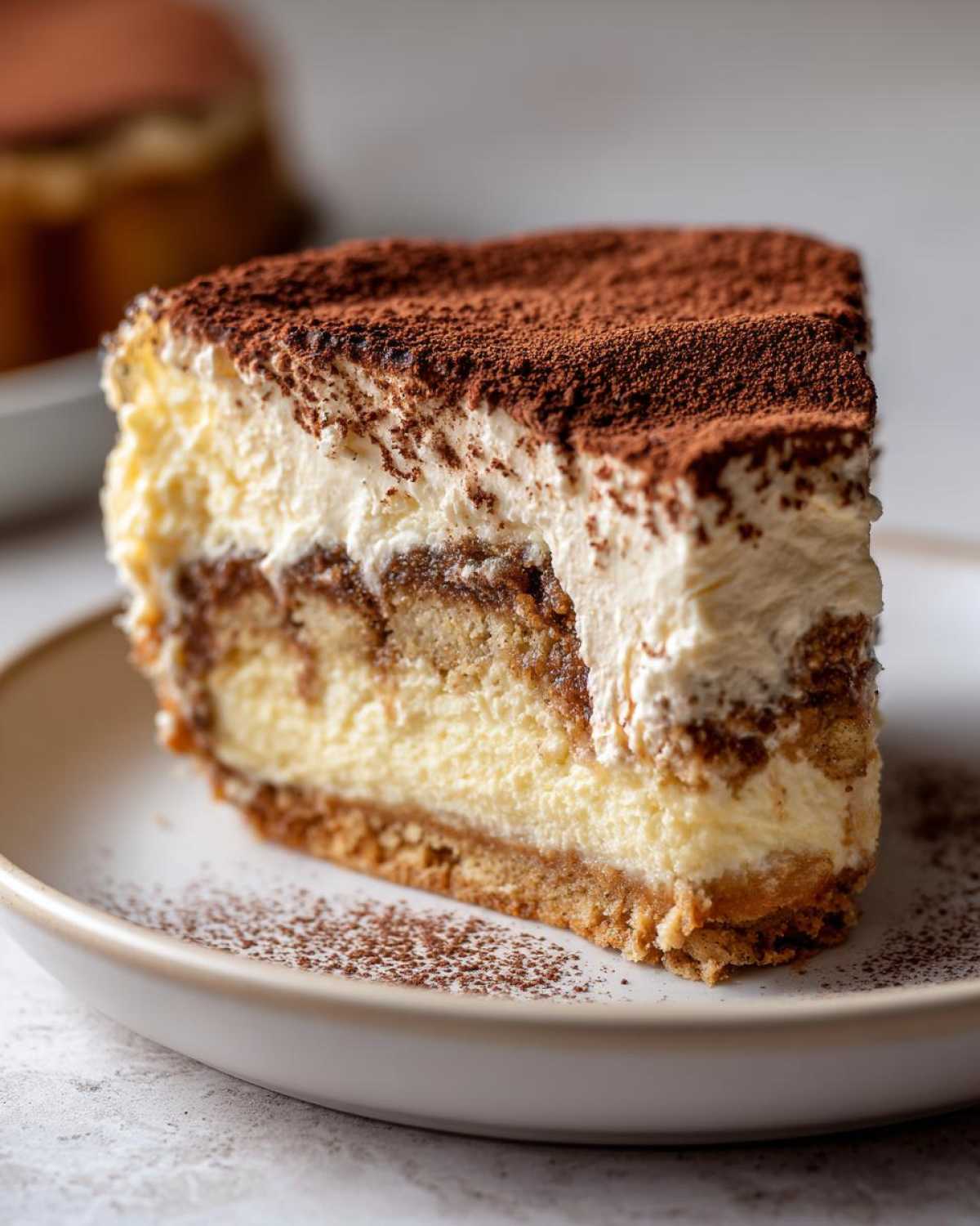 Close-up of a rich slice of tiramisu cheesecake showing creamy layers and a dusting of cocoa powder.