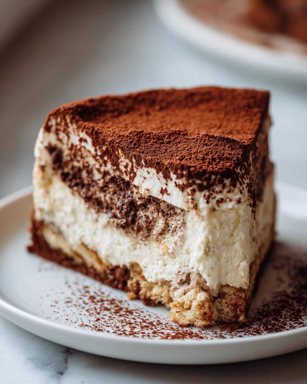 A close-up of a decadent slice of tiramisu cheesecake, layered with cream and dusted heavily with cocoa powder.