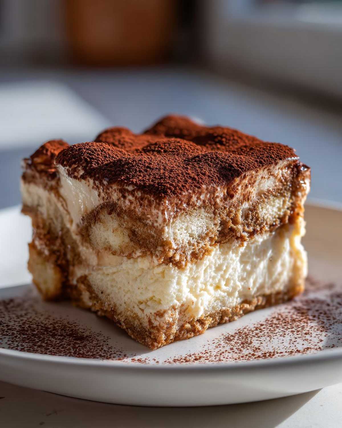 Close-up of a rich slice of tiramisu cheesecake layered with cream and coffee-soaked ladyfingers, dusted heavily with cocoa powder.