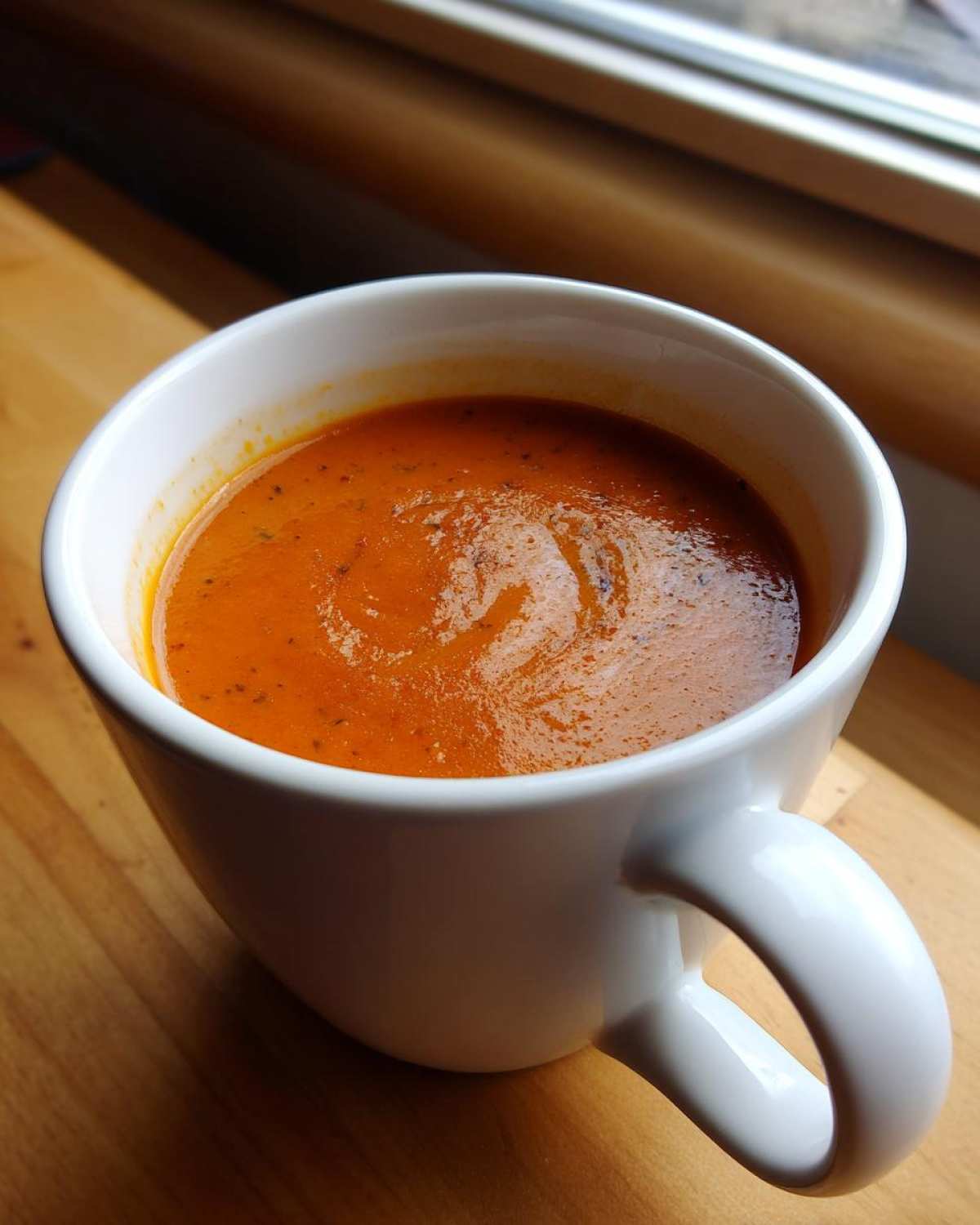 Close-up of rich, orange tomato basil soup served hot in a white mug on a wooden surface.
