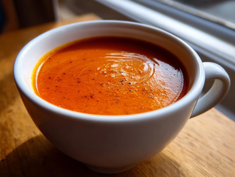 Close-up of rich, orange-red tomato basil soup sprinkled with pepper in a white mug.