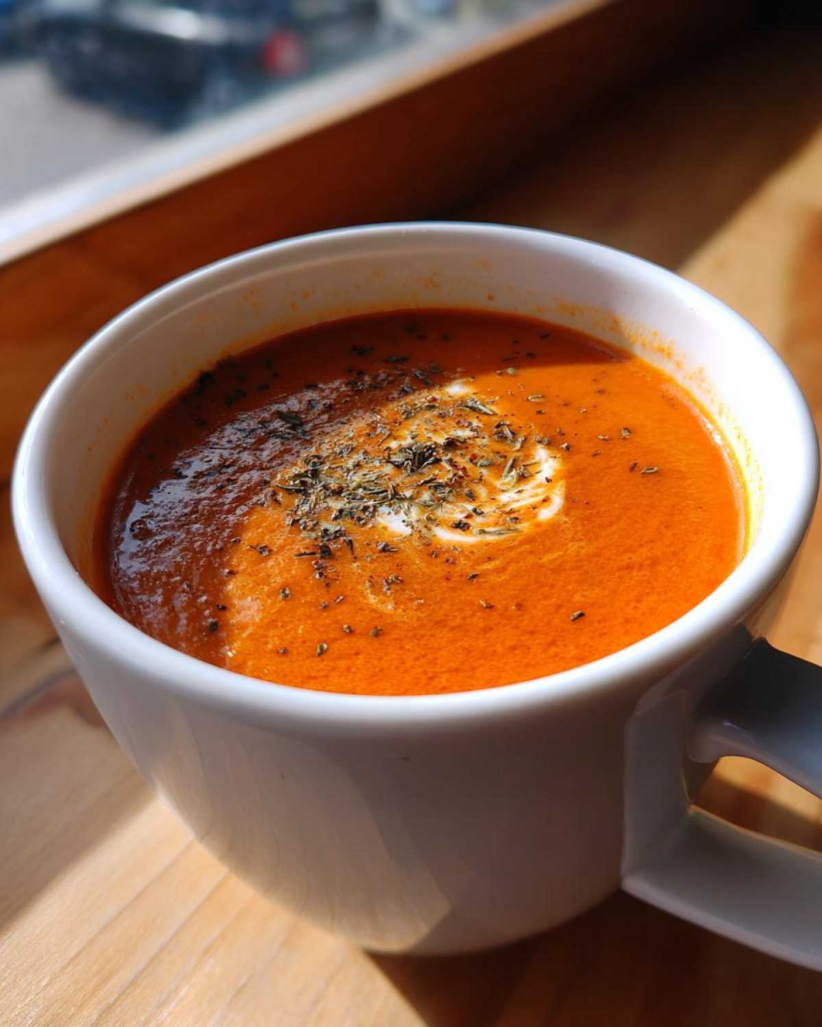 Close-up of vibrant orange tomato basil soup topped with cream swirl and dried herbs in a white mug.