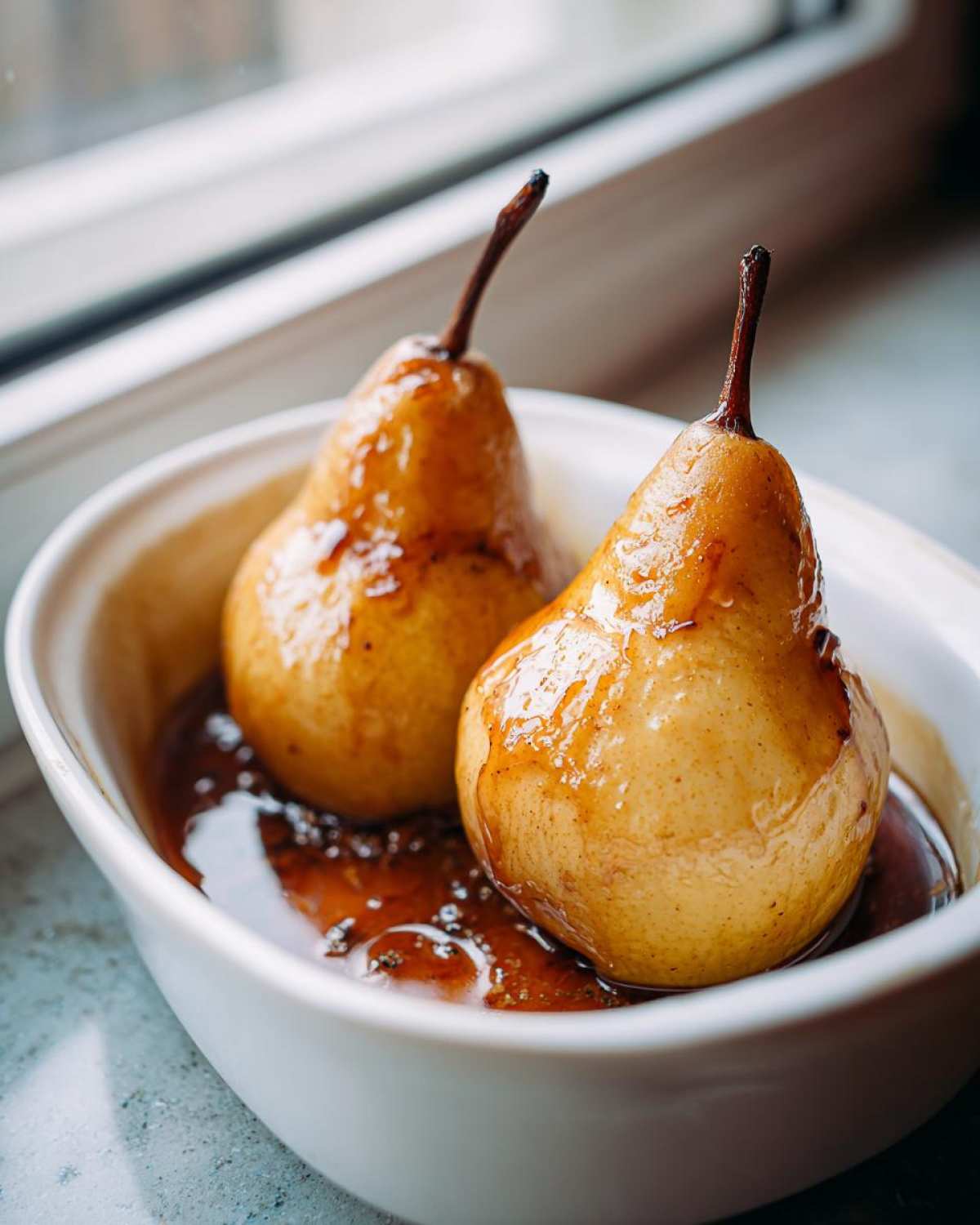 Two golden brown baked pears covered in a rich, glossy caramel sauce, served in a small white ramekin.