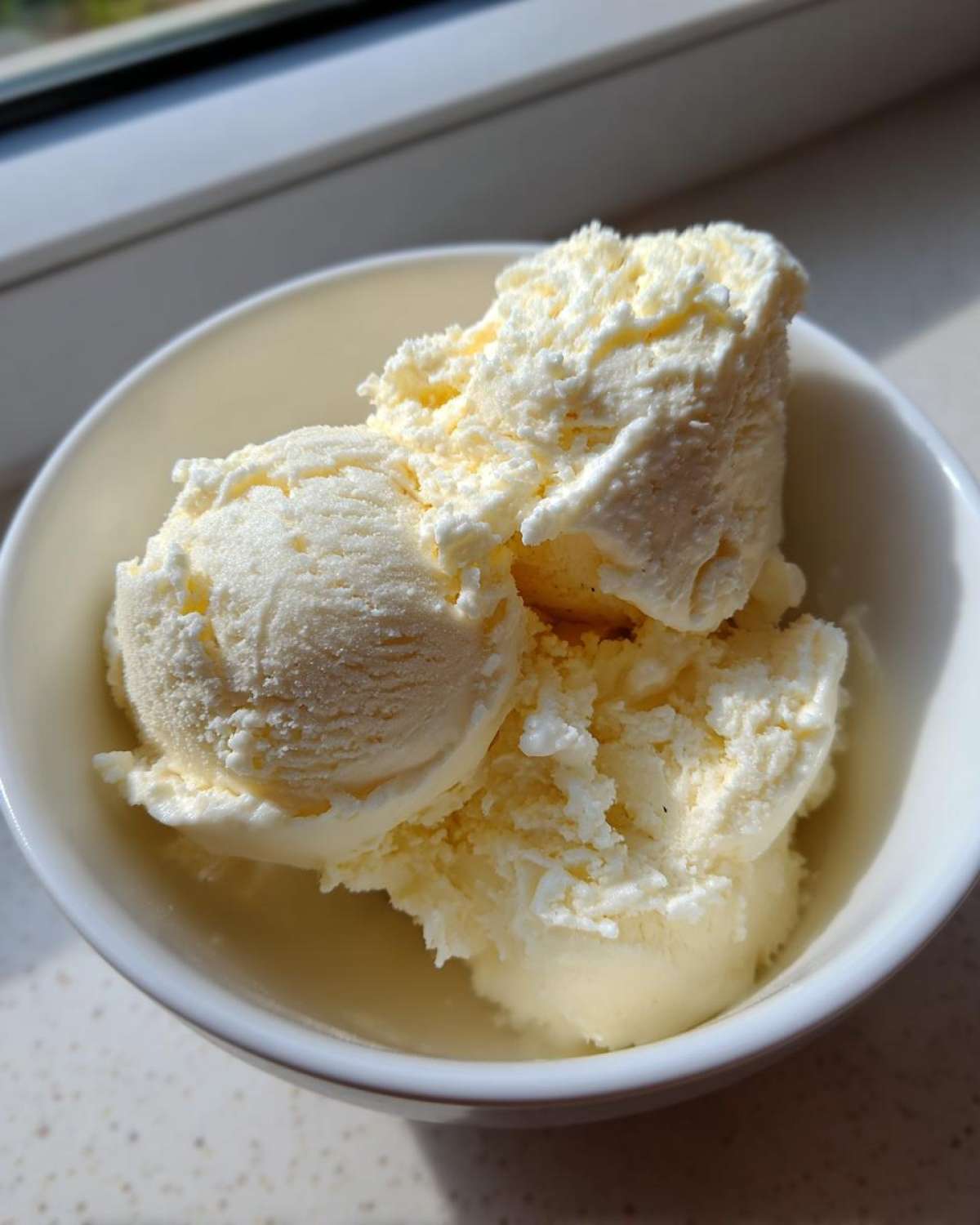 Three scoops of creamy, pale yellow cottage cheese ice cream served in a white bowl near a sunlit window.