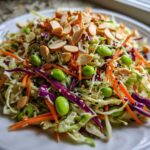 Close-up of a colorful cabbage salad featuring shredded green and purple cabbage, carrots, edamame, and topped with sliced almonds.