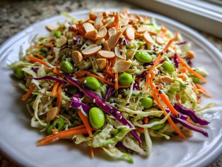 Close-up of a colorful cabbage salad featuring shredded green and purple cabbage, carrots, edamame, and topped with sliced almonds.