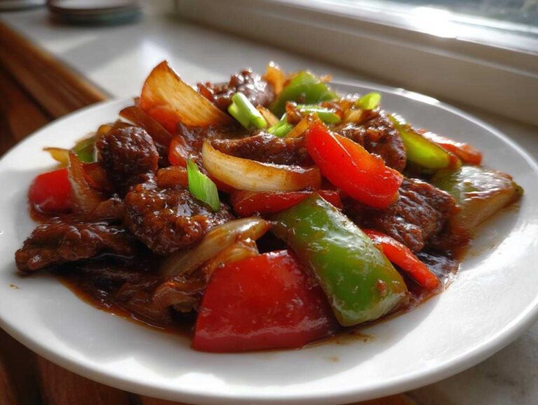 Close-up of saucy chinese pepper steak with bright red and green bell peppers and onions.