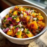 Close-up of a white bowl filled with bright, chunky peach salsa, featuring diced peaches, red onion, and cilantro.