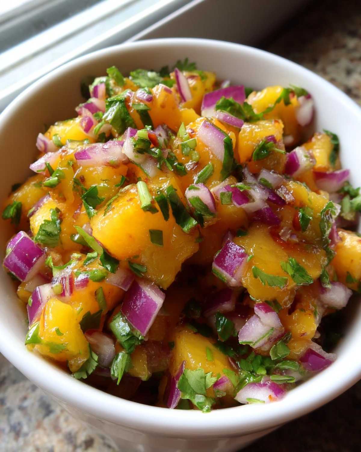 Close-up of fresh peach salsa featuring diced yellow peaches, purple red onion, and green cilantro in a white bowl.